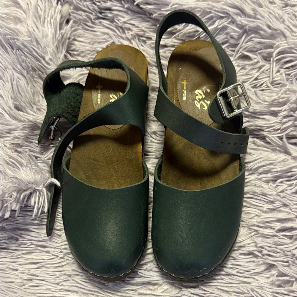 Chic Dark Green Leather Mules with Adjustable Strap